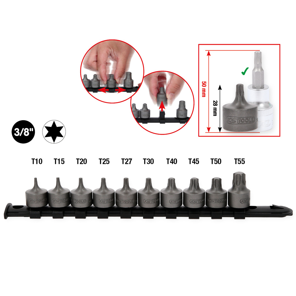 3/8Ö:N BITTIHOLKKISARJA TORX, LYHYT, 10-OSAINEN T10-T55 917.4015