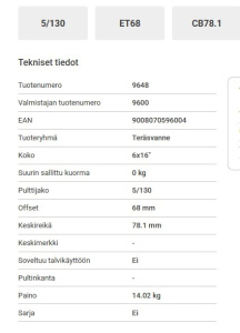 7011 TERÄSVANNE 6X16 5/130 ET68 CB78,1 4