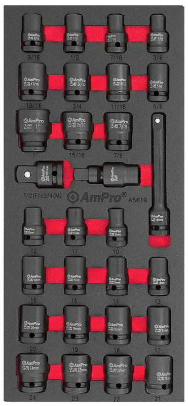 AMPRO 1/2" VOIMAHYLSYSARJA 29-OSAINEN, MILLISET JA TUUMASET, MODUULI, VA-SARJA A5619