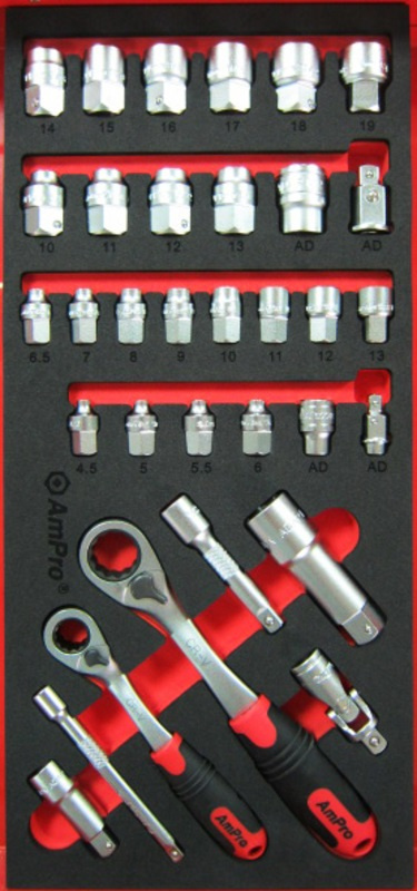AMPRO 1/4" & 3/8" FITS-ALL TYÖKALUSARJA, 33-OSAINEN MODUULI, VA-SARJA T45828
