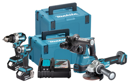 MAKITA DLX4200JX1 KONESARJA 18V DDF489, DTD173, DHR242 JA DGA504. KAKSI 5,0AH AKKUA JA LATAUSLAITE. MAKPAC SALKKU