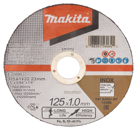 MAKITA E-03040-12 KATKAISULAIKKA METALLI 125X1,0 MM, A60U, RST (INOX), 12KPL SÄILYTYSRASIASSA