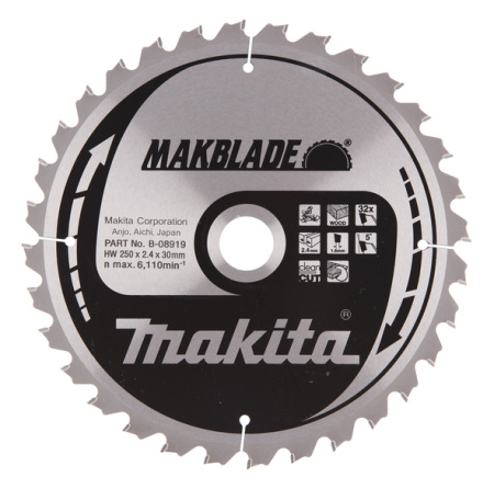 MAKITA B-08919 PYÖRÖSAHANTERÄ HM 250X30X2,4MM, Z-32 PUULLE