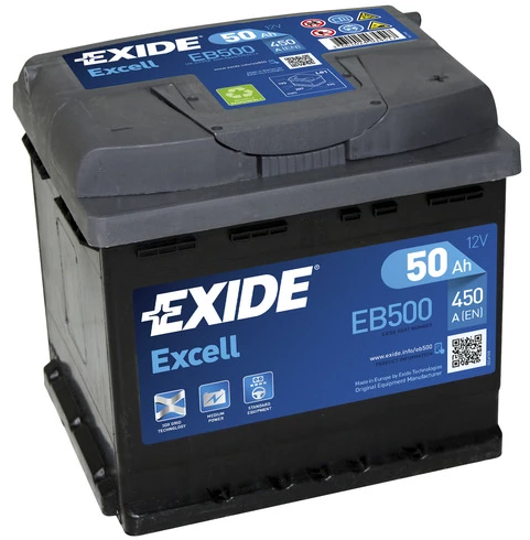 EXIDE EXCELL AKKU 12V, 50AH/450A, P207, L175, K190 (+/-) EB500