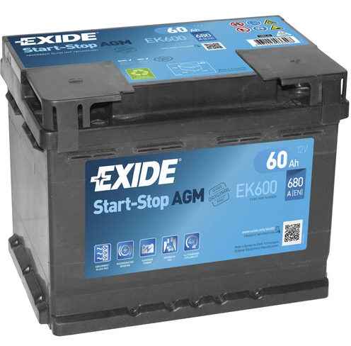EXIDE AGM START&STOP AKKU 12V, 60AH/680A, P242, L175, K190 (+/-) EK600