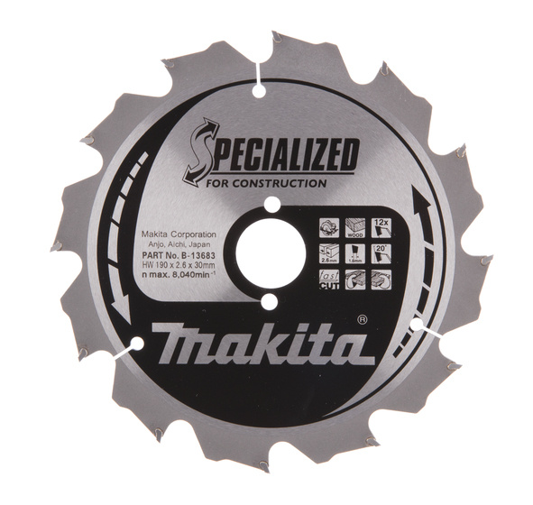 MAKITA B-13683 PYÖRÖSAHANTERÄ 190X30X2,6MM, Z-12, NAULAINEN JA BETONINEN PUU  MAK-B-13683