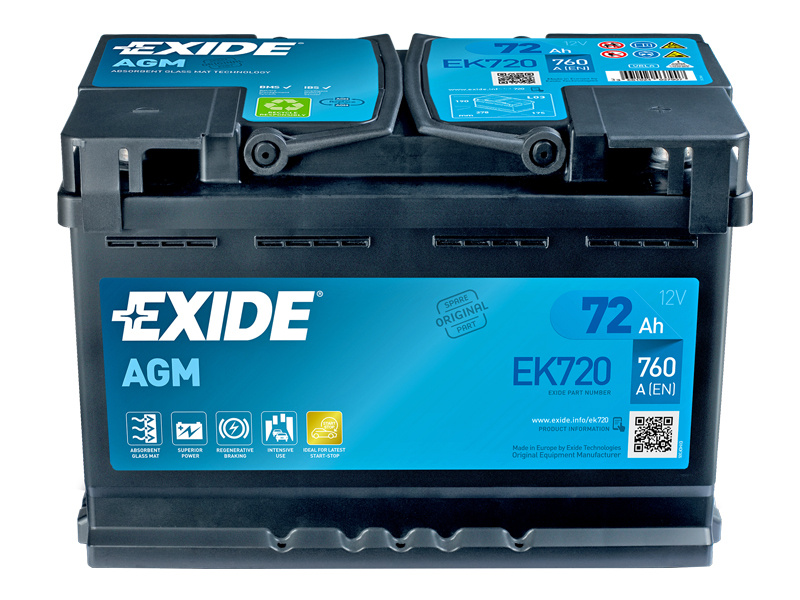 EXIDE AGM START&STOP AKKU 12V, 72AH/760A, P278, L175, K190 (+/-) EK720